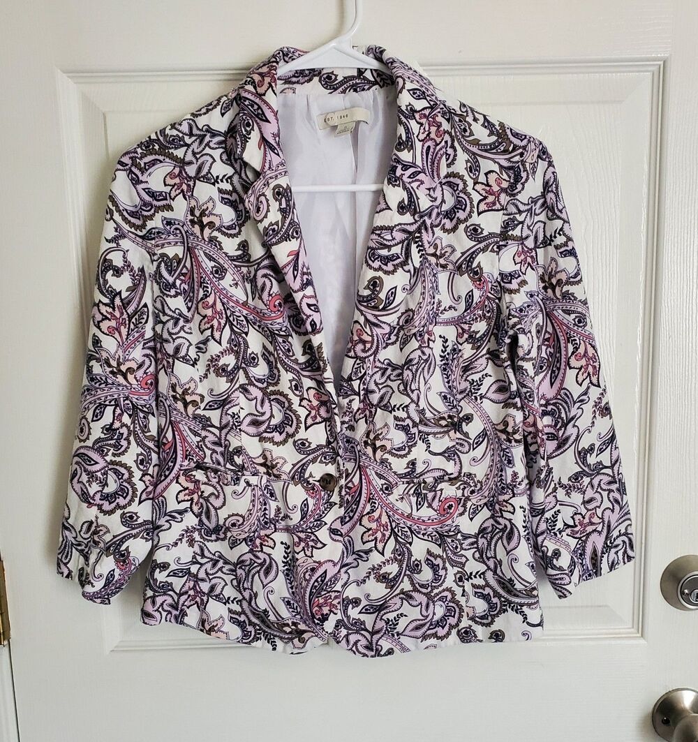 Cato Est 1946 Blazer Jacket Womens Small Paisley 3/4 Sleeve White Pink Lavender